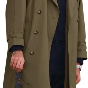 Mens Trench Coat Double Breasted Long Jacket Casual Windbreaker Notched Lapel Belted Overcoat