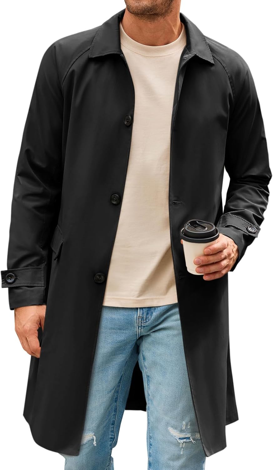 Mens Trench Coat Slim Fit Single Breasted Long Windbreaker Jacket Classic Lapel Casual Overcoat