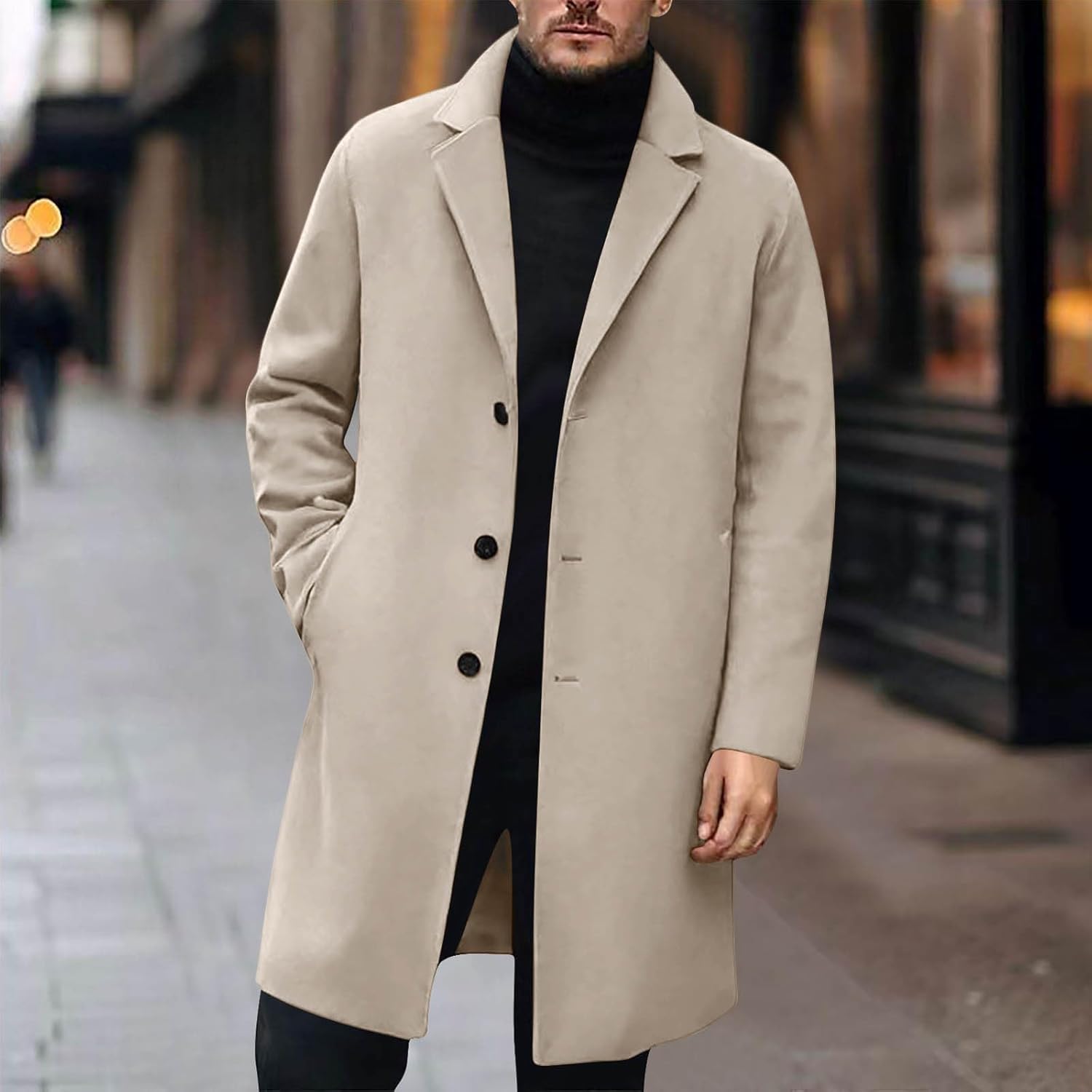Trench Coat Men Wool Single Breasted Notched Lapel Collar Pea Coat Winter Fall Warm Business Mid Long Outwear Overcoat - Image 2