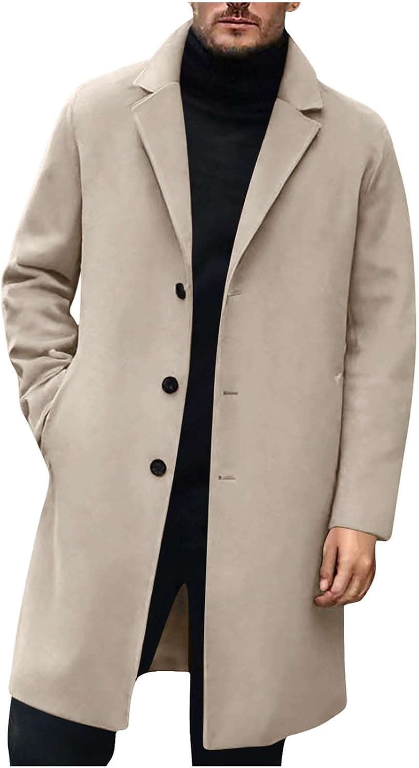 Trench Coat Men Wool Single Breasted Notched Lapel Collar Pea Coat Winter Fall Warm Business Mid Long Outwear Overcoat