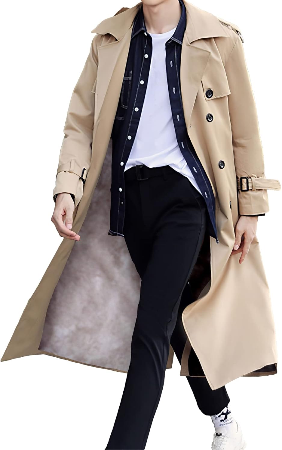 Men's Double Breasted Trench Coat Oversized Casual Windbreaker Lapel Long Jacket Overcoat
