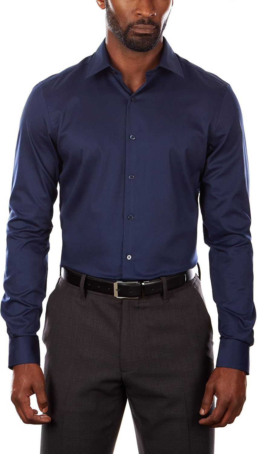 Men Dress Shirt Slim Fit Flex Collar Stretch Solid