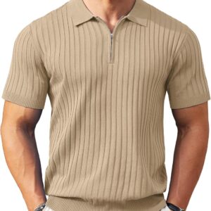 Men Zipper Polo Shirts Short Sleeve Ribbed Knit Polo T Shirts Fashion Casual Golf Shirts