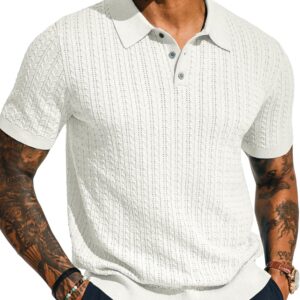Mens Knit Polo Shirt Short Sleeve Hollow Out Knit Shirt Texture Knitted Polo