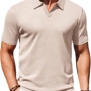 Mens Knit Polo Shirts V Neck Short Sleeve Stretch Polo T Shirt Casual Golf Shirts